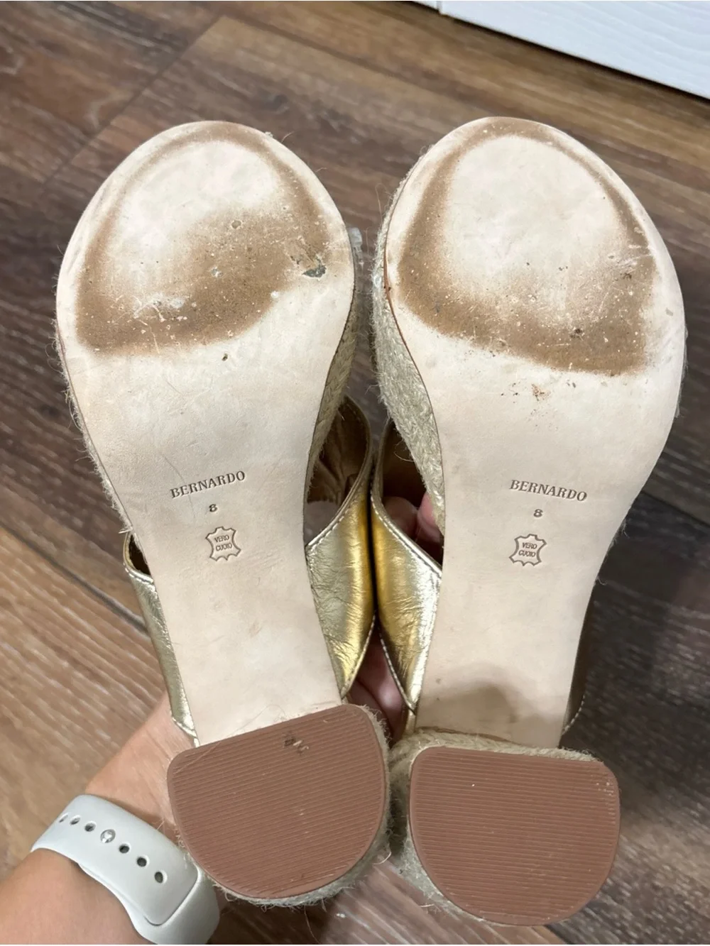 Bernardo Metallic Gold Espadrille Platform Thong Heels